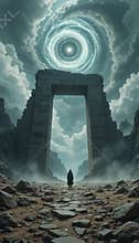 Dramatic Entrance to Unknown Realm with Light Beam