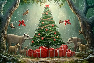 Magic of Christmas in a forest surrounded by joyful animals and gifts
