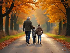 Senior Man with Walking Sticks, Adult Son & Grandson Walking Through Autumn Forest