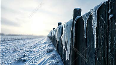 Snow Covered Fence with Icicles in Winter Landscape