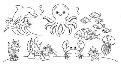Minimalist Anime Style Ocean Creatures Marine Life Coloring Page Kids Creative Fun