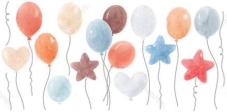 Watercolor balloons set in pastel colors, round, star and heart shapes. Cute hand painted clipart for kids, party decor, posters