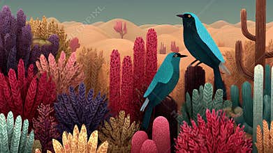 Two Birds in Desert Landscape with Cacti and Colorful Plants Illustration