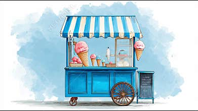 Colorful Ice Cream Cart in a Sunny Park Attracting Happy Kids and Families Enjoying Sweet Treats on a Warm Summer Day