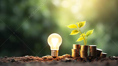 Light Bulb and Growing Plant on Stacked Coins Symbolizing Growth