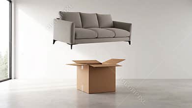 Sofa levitates out of box in stylish living room. Bright airy space with large windows and minimalist decor creates