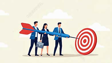 Business team aiming at target with dart, achieving goals concept