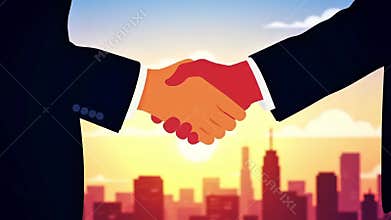 Successful business handshake over a cityscape at sunset symbolizing partnership, agreement, and achievement in professional colla