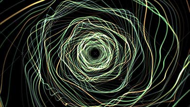 Glowing ribbon tunnel vortex with abstract hypnotic spiral made of flowing lines on black background