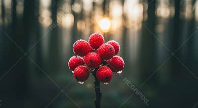 Macro shot of vibrant red berries glistening with water droplets set against a soft focus forest background with bokeh sunlight