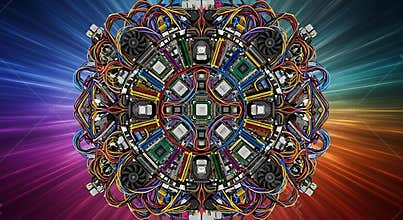 Intricate computer hardware mandala with vibrant cables and circuit boards design art