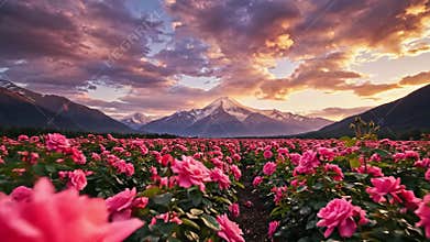 Cinematic Flight Over Pink Rose Field Towards Majestic Snowy Mountains