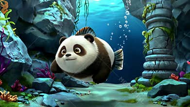 A cute animated panda fish swimming in an underwater cave surrounded by colorful coral and aquatic plants