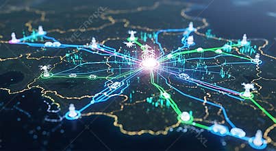 Digital network map showing connections between energy grid and autonomous vehicles