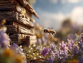 Explore the intricate world of bees in a vibrant flowering garden near an artisanal beehive