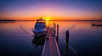Luxury Yacht Docked at Pier with Vibrant Orange Sunset Reflection