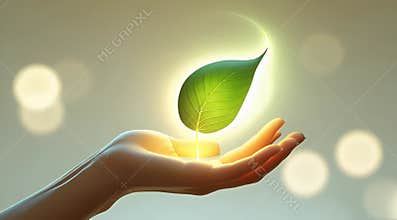 Glowing Leaf in Human Hand. Harmony of Technology and Nature in Minimalist Style.