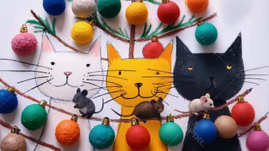 Colorful Cartoon Cats and Mice with Festive Christmas Ornaments comes to life