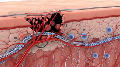 Microscopic View of Skin Layers and Blood Vessels with Injury
