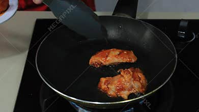 Grilling Marinated Chicken in Frying Pan – Home Cooking Process Close-Up