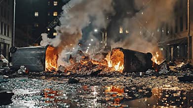 Urban Street Scene at Night With Overturned Burning Trash Bins and Debris Amidst Smoke and City Lights Reflecting on Wet Pavement