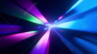 Abstract Neon Light Rays Intersecting with Holographic Refractions on Dark Background