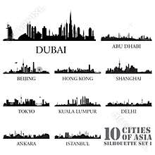 Set of skyline cities silhouettes. 10 cities of Asia #1