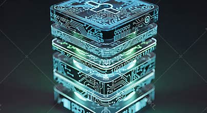Abstract technology stack with glowing circuit patterns for data storage and processing