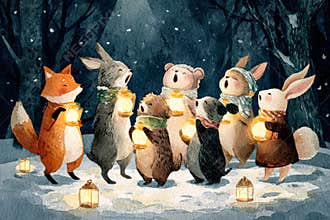Adorable animals singing carols in winter forest with lanterns celebrating Christmas spirit
