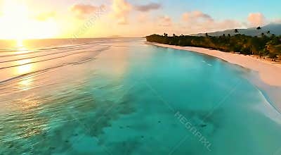 Aerial Drone Flyover of Tropical Paradise Beach at Golden Hour