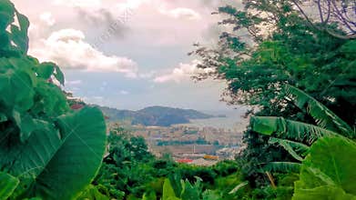 Panoramic view tropical landscape mountains city Patong Beach Phuket Thailand