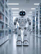 Innovative Robot Exploring a Modern Library Filled With Books and Technology