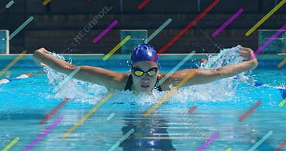 Swimming athlete performing butterfly stroke inside pool, with swimsuit, cap, goggles, overlay bars