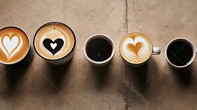 High Angle View Five Coffee Cups with Latte Art Hearts on Beige Surface