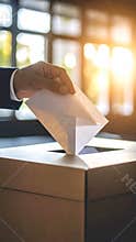 Voter casting ballot into a box during election day with warm light filtering through a window