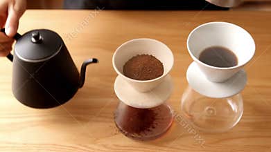 Steaming Brewed Coffee in Mug Craft Coffee Brewing Process Slightly elevated Stop motion, clean aesthetic, natural soft