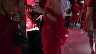Brunette woman in ruby red dress posing against a black background. Filmed on high speed cinematic camera in super slow