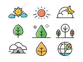 Nature icons depicting day, night, trees, leaves, camp,globe