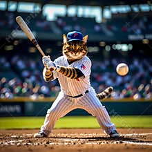 Funny cat playing baseball at crowded stadium