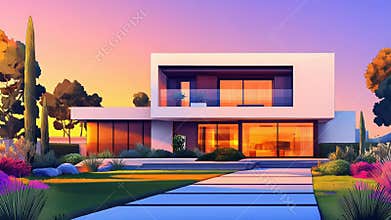 Modern luxury house with garden at sunset
