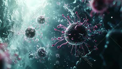 Virus cells spreading infection and disease in human body