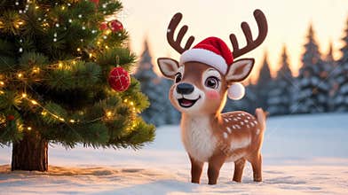 Winter Clipart Baby Reindeer With Red Nose Standing In Forest Snow