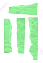 Green crumpled paper collage elements, torn borders and deep creases, artistic texture collection.