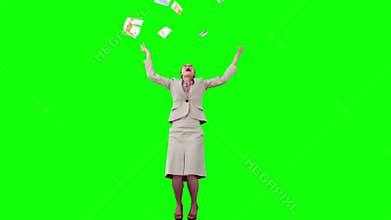 Happy secretary in slow motion throwing notes