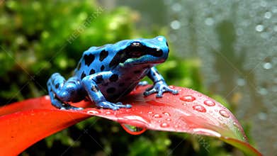 Stunning Electric Blue Poison Frog On A Dewy Red Leaf