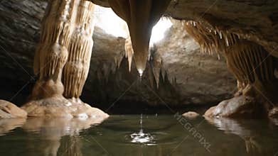 Showcasing the dramatic interplay of natural light and deep shadows across the cave\'s subterranean landscape, emphasizing the