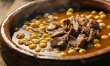 Delicious Hot Hearty Stew with Tender Meat and Chickpeas Steaming in Rustic Wooden Bowl