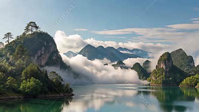 Panoramic natural scenery of mountains, rivers and lakes, Generative AI