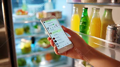A hand holding a smartphone displaying a messaging app while next to an open refrigerator filled with various beverages and fresh