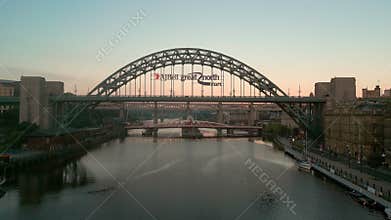 Drone flies back over River Tyne from Tyne and Swing Bridges in Newcastle
